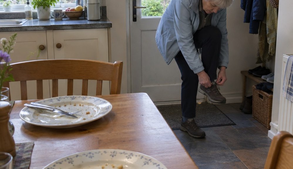 Dinner plates left on a kitchen table while an older woman ties her shoe by the back door
