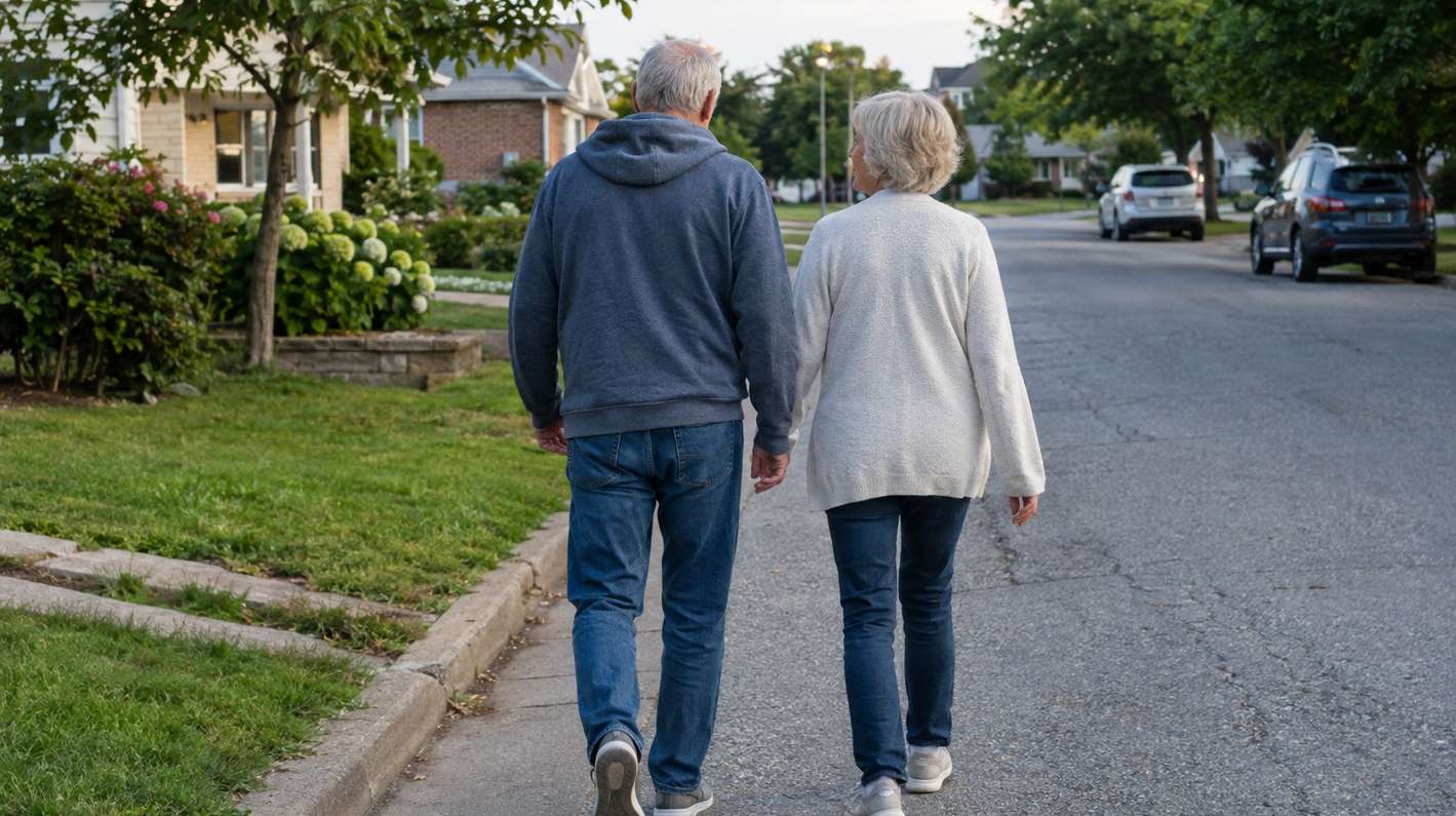 An older couple strolling side by side down a quiet residential street in early evening light