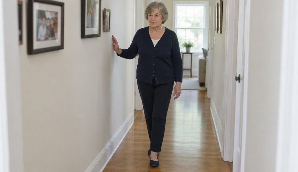 A woman in her sixties walking heel to toe along a hallway with one hand lightly touching the wall