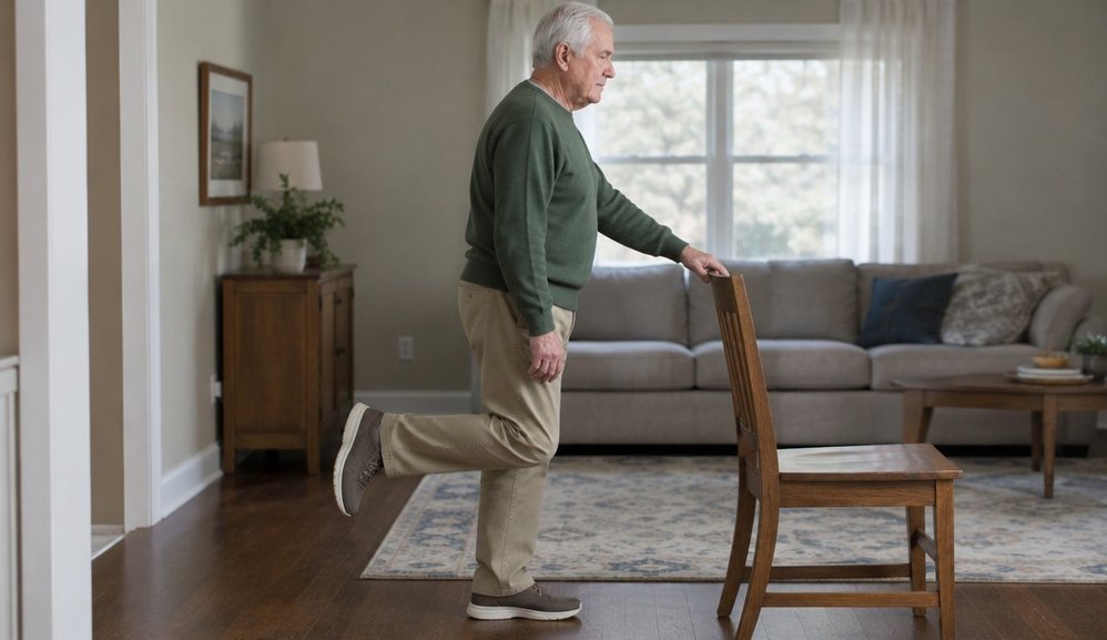 An older man standing on one leg in a living room with a single fingertip resting on the back of a sturdy wooden chair