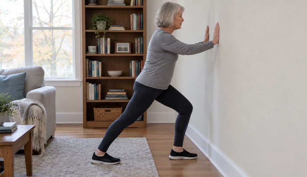 A woman in her sixties doing a calf stretch with both hands against a living room wall