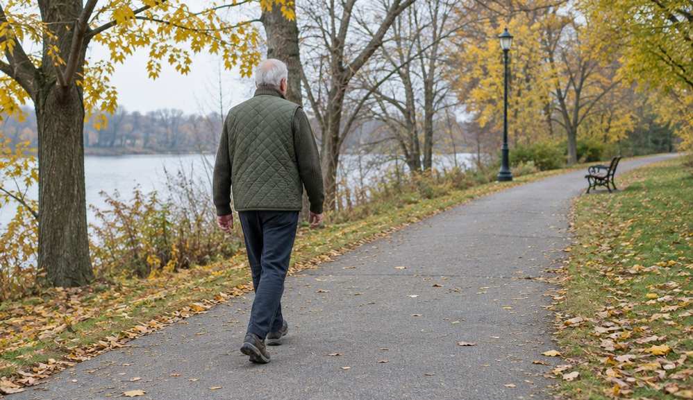An older man walking steadily along a quiet park path on a cool morning