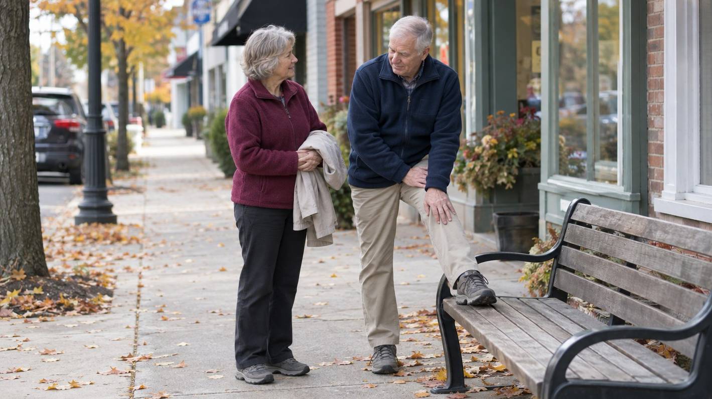 An older couple pausing on a town sidewalk, the man resting one foot on a bench while his wife waits beside him