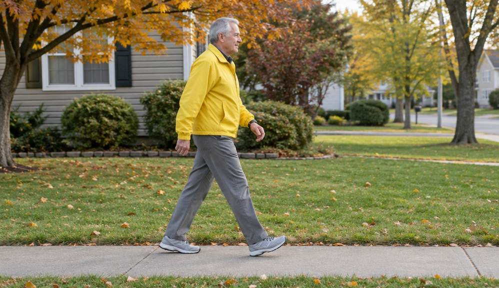 An older man walking along a flat neighborhood sidewalk with houses and trees on either side