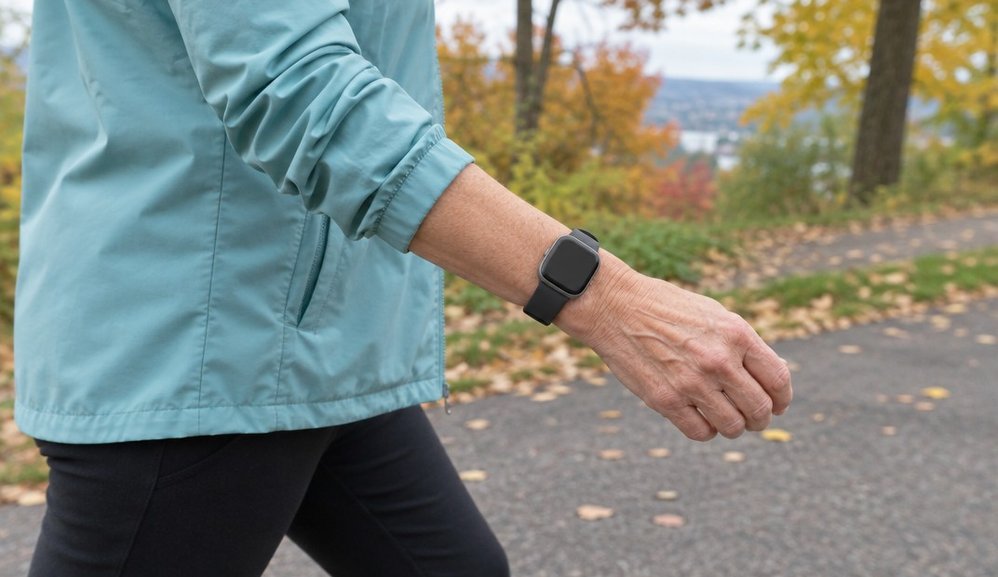 Close view of a fitness watch on an older woman's wrist as she walks along a path