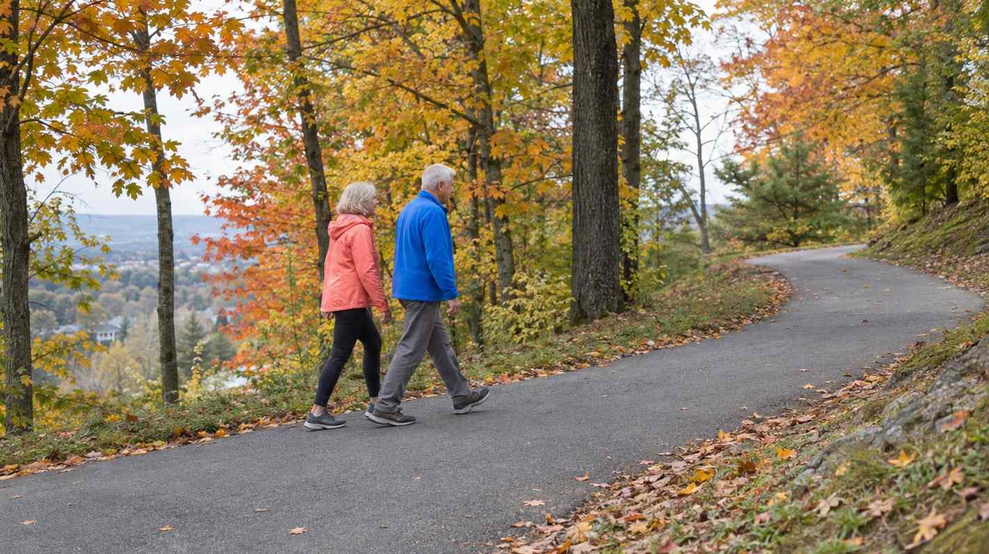 Two walkers in their sixties in bright jackets walking up a gentle paved hill path lined with autumn trees