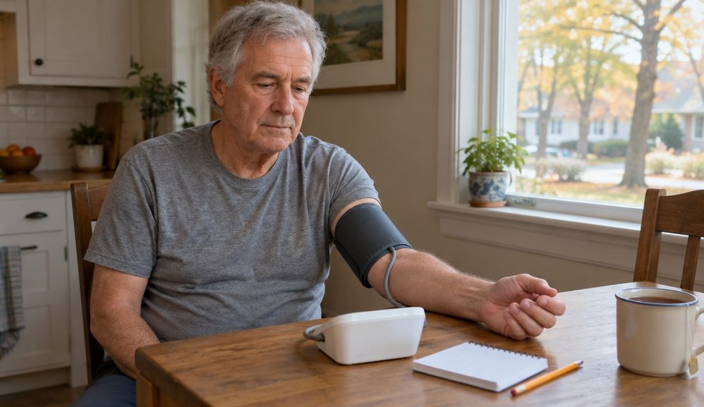 An older man seated at a kitchen table with a home blood pressure cuff on his bare upper arm and his arm resting on the table