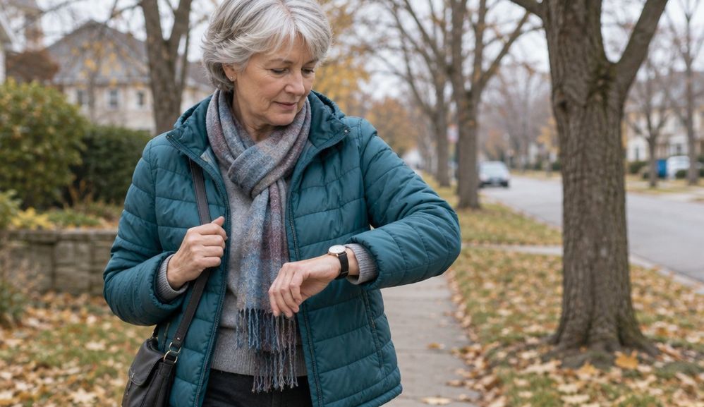 A woman in her sixties glancing at her wristwatch while standing on a sidewalk under autumn trees
