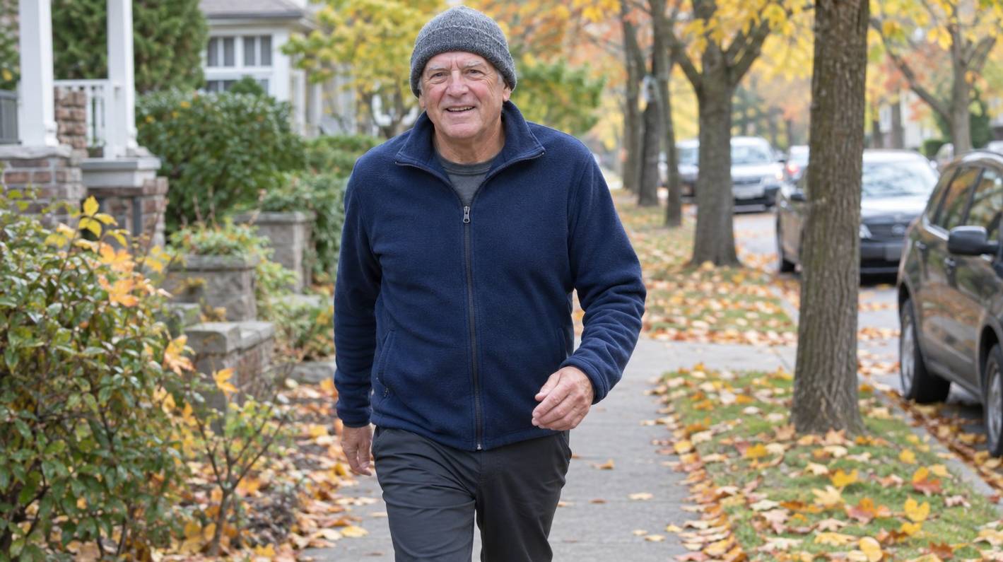 A man in his sixties in a fleece and knit hat walking briskly toward the camera on a tree-lined residential street in autumn
