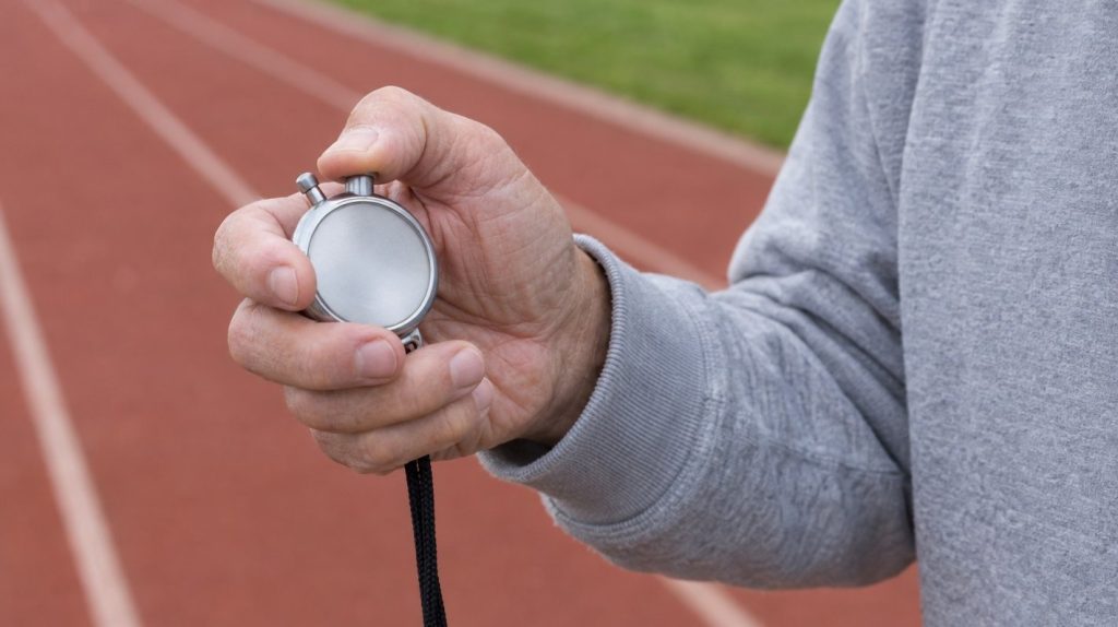 An older walker's hand pressing the button on a plain stopwatch at the edge of a running track