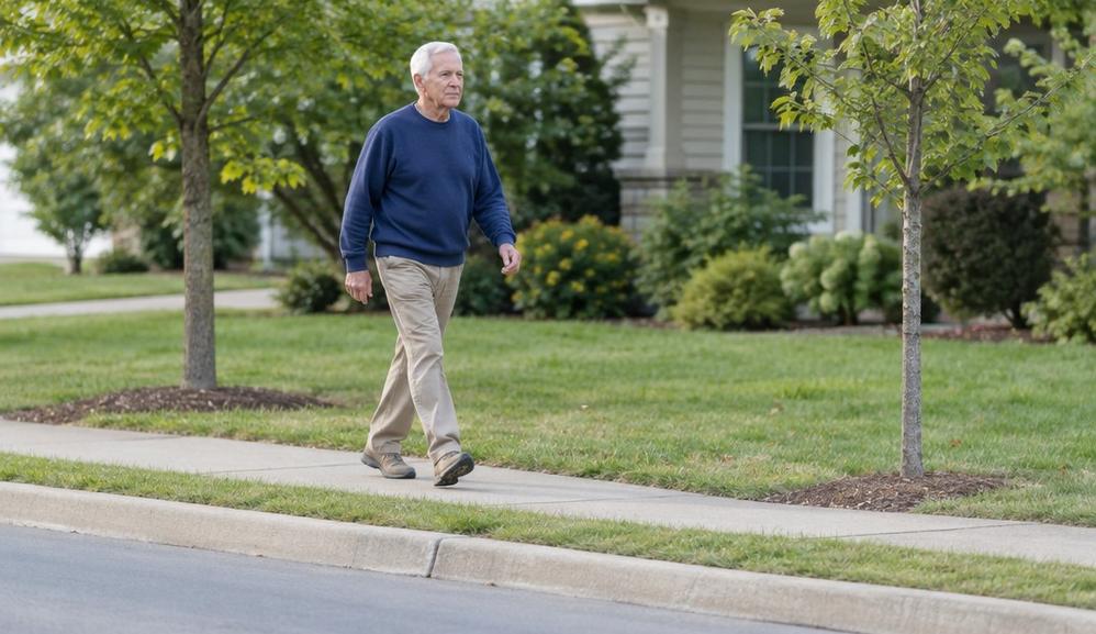 An older man walking briskly along a quiet residential sidewalk
