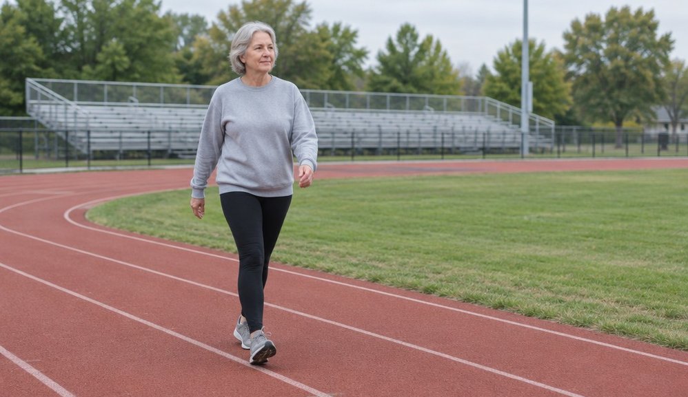 A woman in her sixties walking at a natural pace in the outside lane of a school track