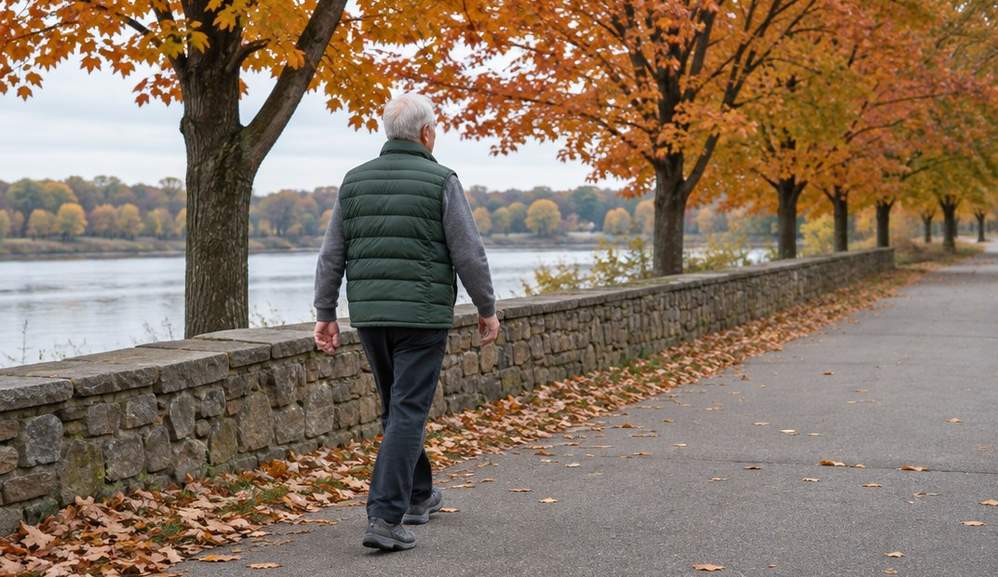 An older man walking at an easy pace on a quiet path between brisk stretches