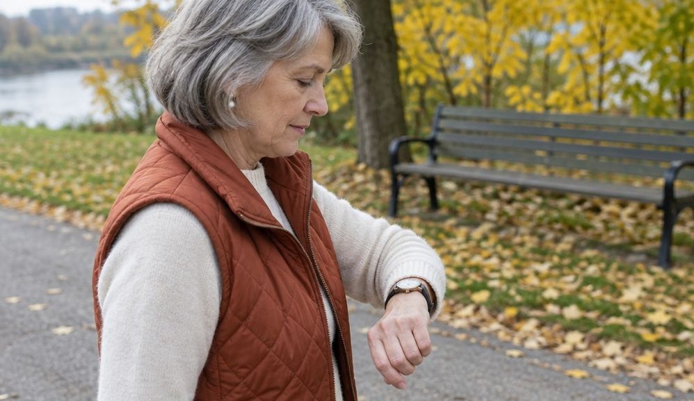 A woman in her sixties glancing at a plain wristwatch while walking on a park path