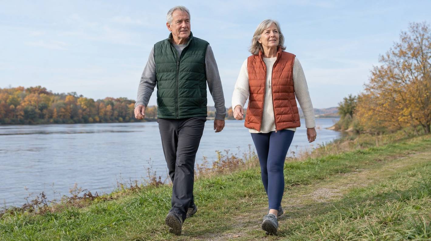 An older couple walking briskly along a riverside levee path on a bright autumn morning