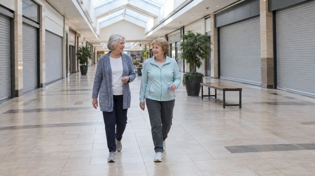 Two older women walking side by side toward the camera through a quiet mall concourse before the shops open