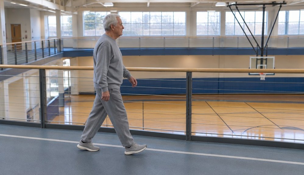 An older man walking laps on an indoor track at a community recreation center