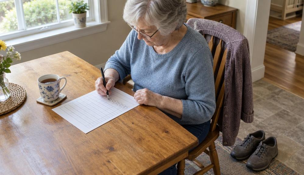An older woman at a kitchen table marking off a walk on a printed weekly sheet, walking shoes by her chair