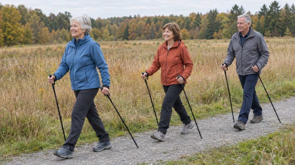Three walkers in their sixties Nordic walking with poles along a meadow path