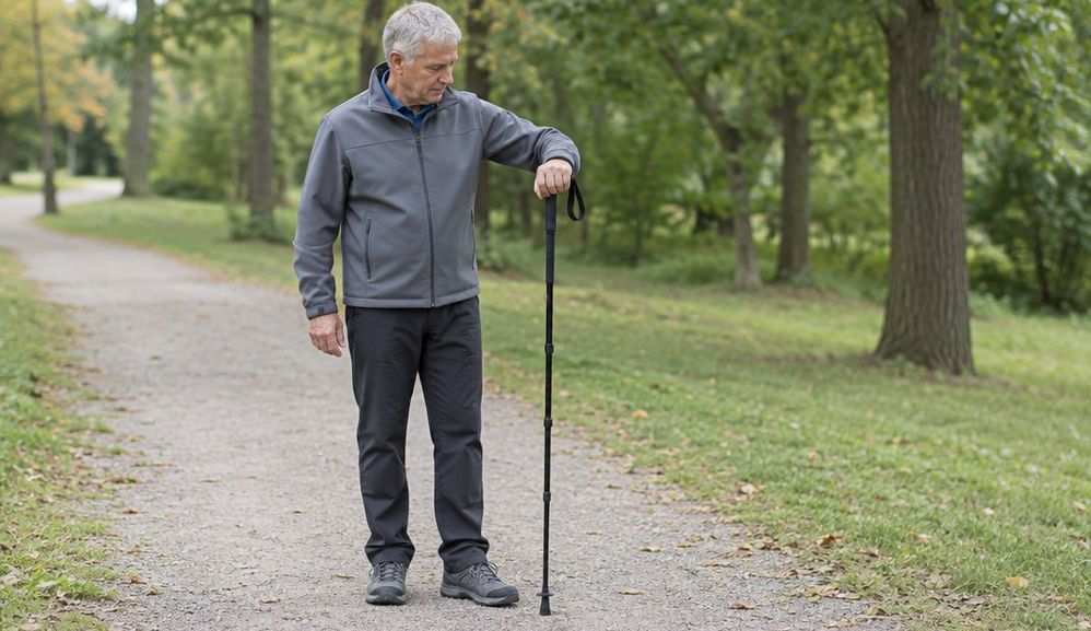 A man in his sixties holding a Nordic walking pole upright beside him with his elbow bent at a right angle