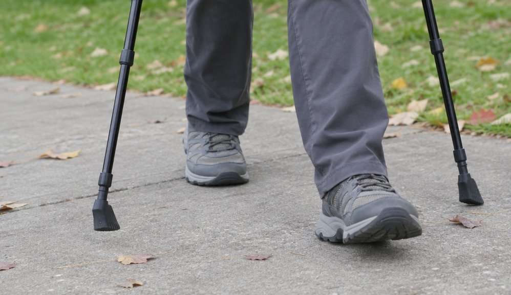 Close view of Nordic walking pole tips with rubber paws on a park sidewalk beside a walker's shoes