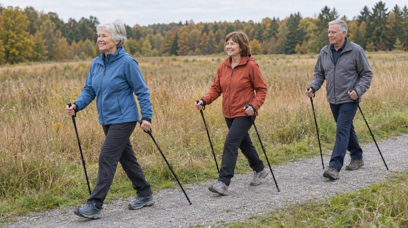 Three walkers in their sixties Nordic walking with poles along a meadow path