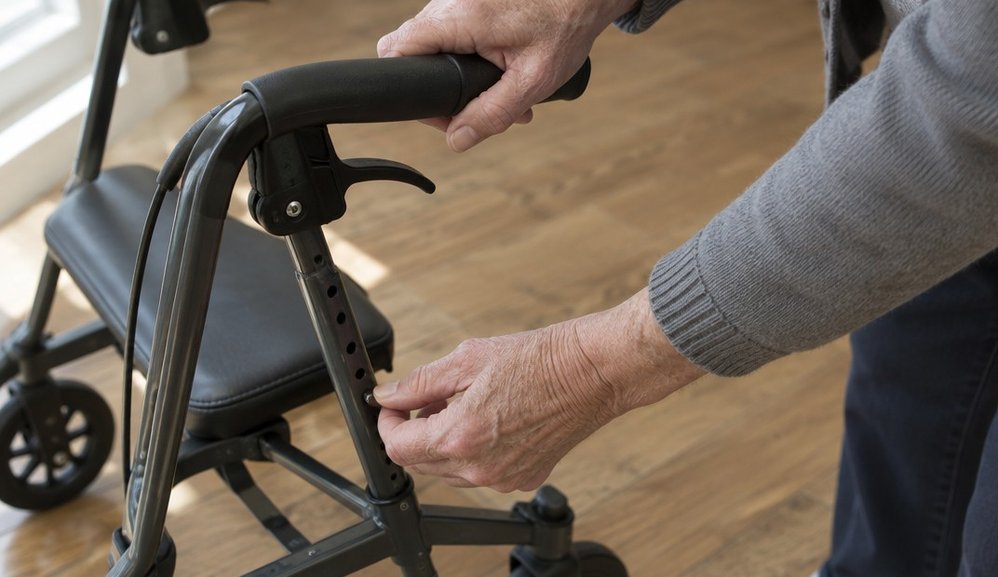 Close view of an older man's hands setting the handle height on a rollator in a hallway