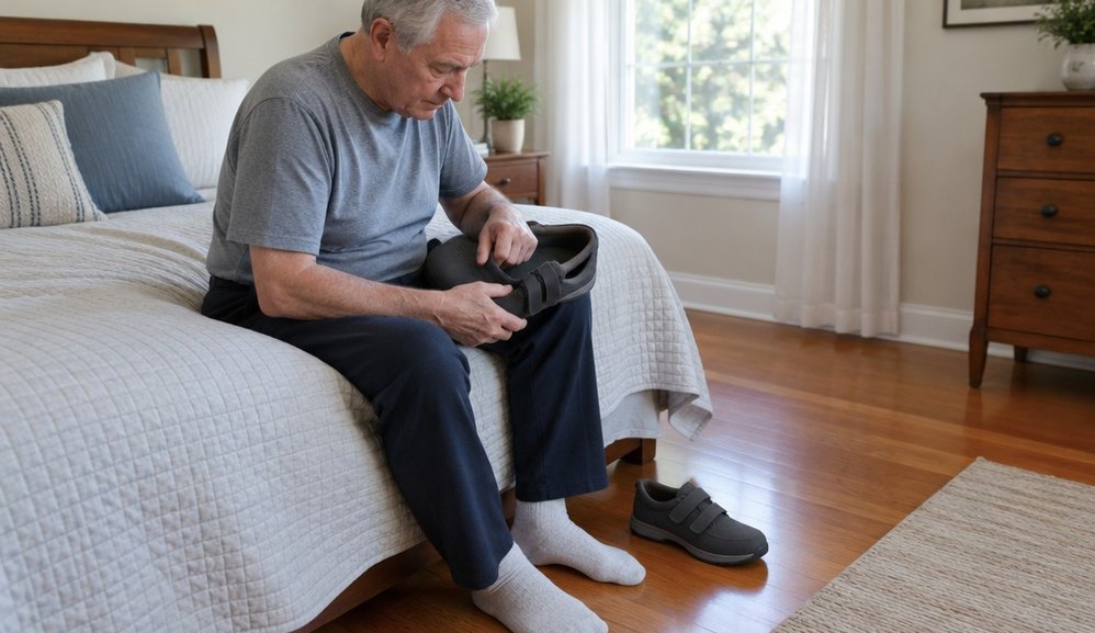 An older man seated on the edge of a bed running his hand inside a walking shoe to feel for seams