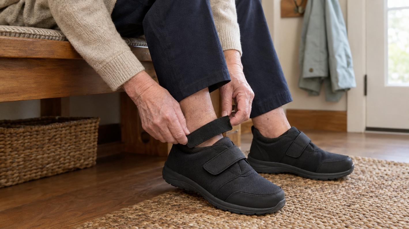 An older woman's hands fastening the strap of a roomy walking shoe while seated on an entryway bench