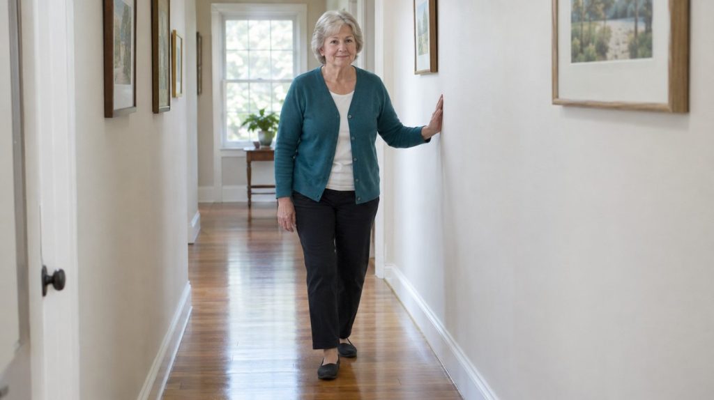 A woman in her sixties stepping slowly backward along a home hallway with one hand on the wall