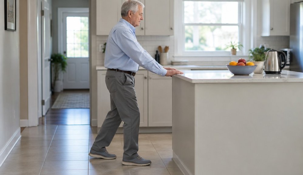 An older man holding a kitchen counter with both hands while taking a small step backward