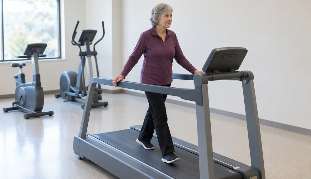 A woman in her sixties holding both handrails of a treadmill at a community center