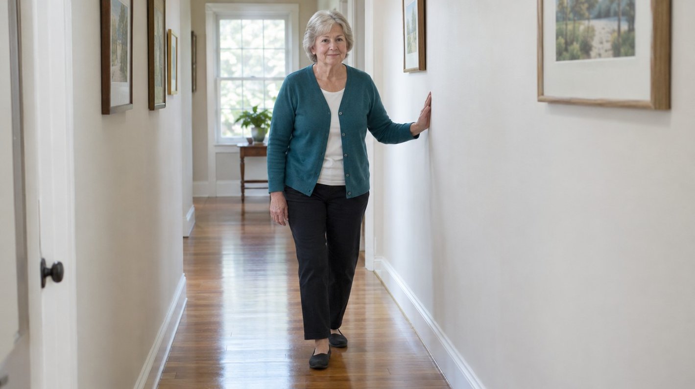 A woman in her sixties stepping slowly backward along a home hallway with one hand on the wall
