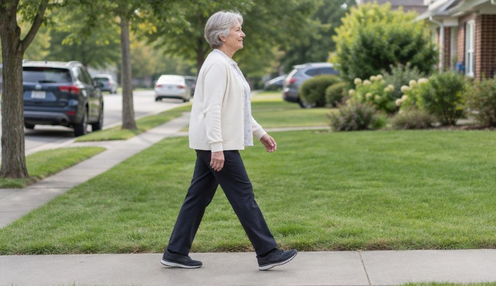 A woman in her sixties walking with an upright, relaxed posture along a residential street