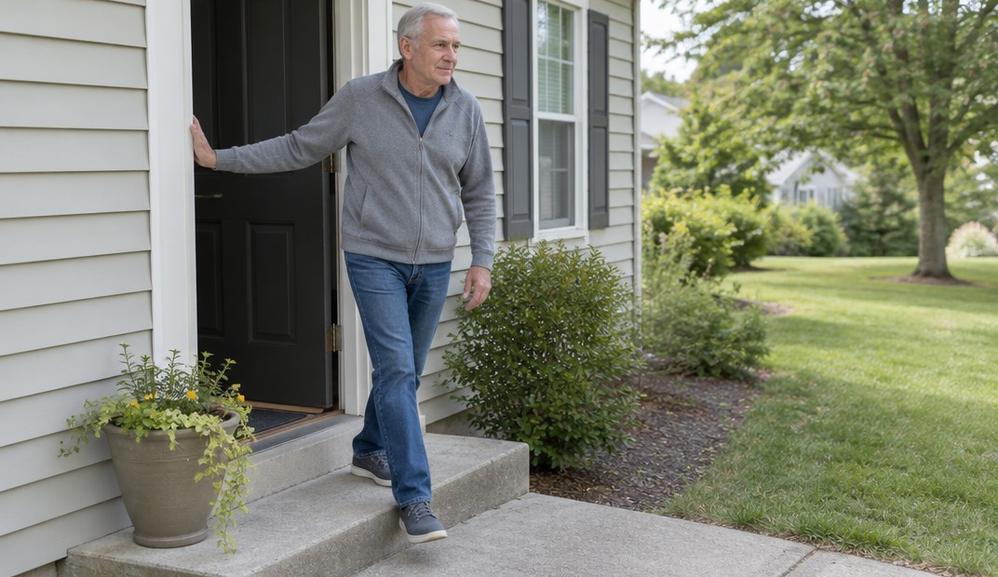 An older man stepping out of his front door for a short walk, one hand on the door frame