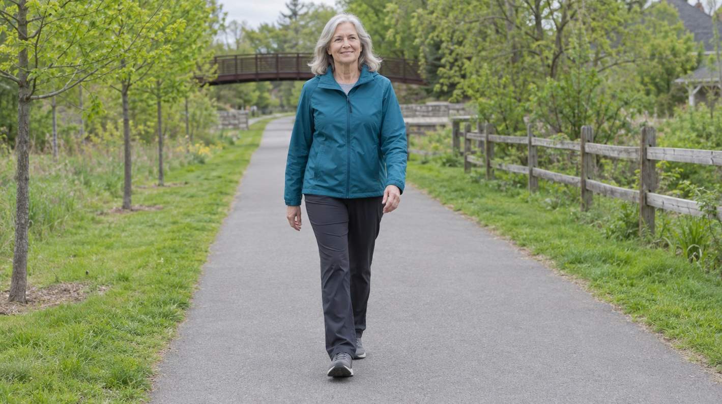 A woman in her sixties walking upright toward the camera on a paved greenway in a light windbreaker