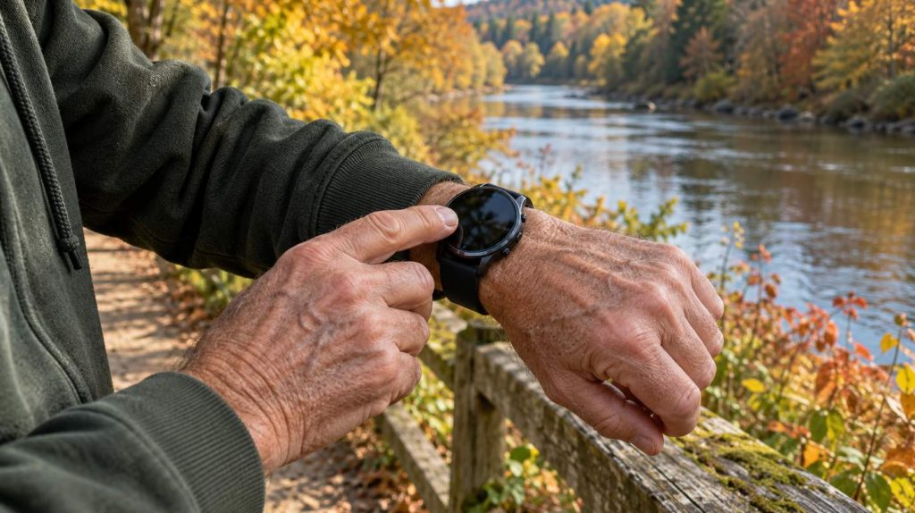 An older walker checking a plain wristwatch beside a riverside railing
