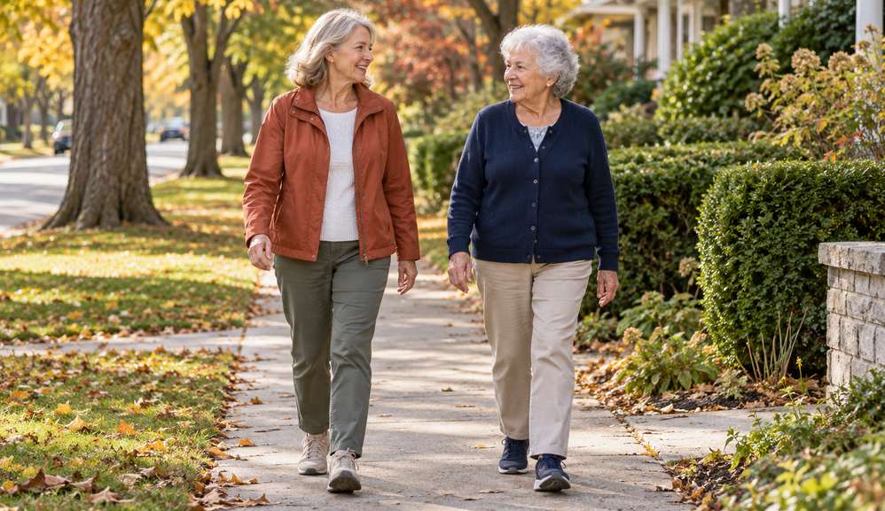 Two women in their sixties talking while walking along a quiet neighborhood sidewalk