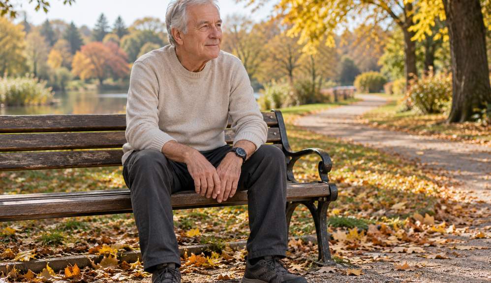 An older man seated comfortably on a park bench with his wristwatch lowered