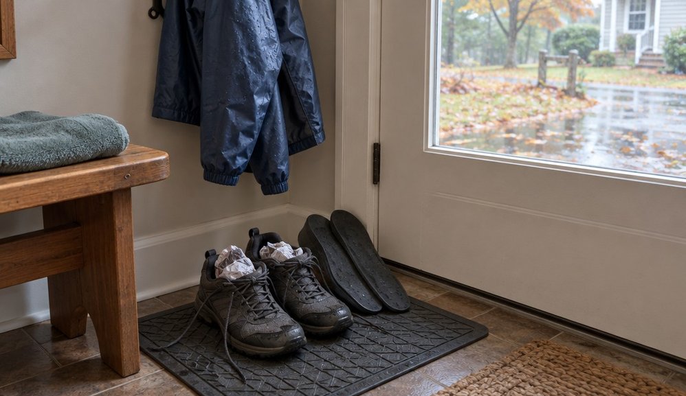 A pair of damp walking shoes with crumpled paper in the toes drying on a mat inside a back door