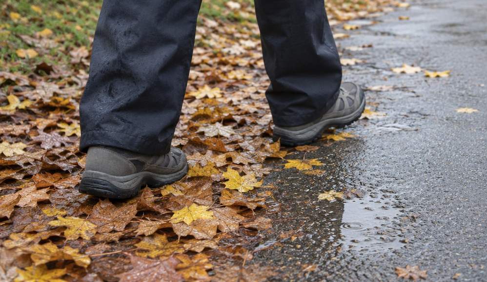 Close view of walking shoes stepping onto a paved path half covered in wet fallen leaves