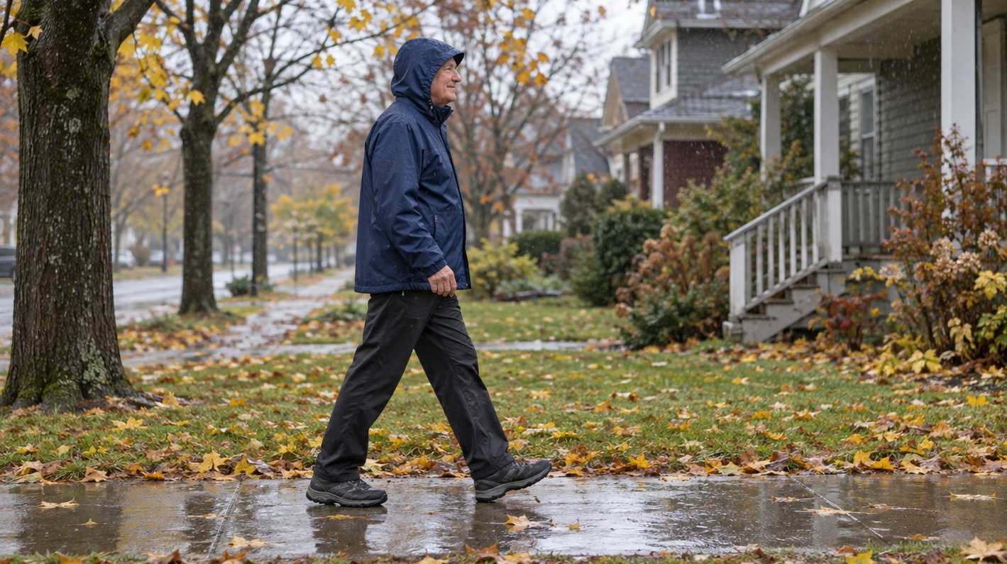 An older man in a hooded rain jacket walking along a wet tree-lined sidewalk in light autumn rain