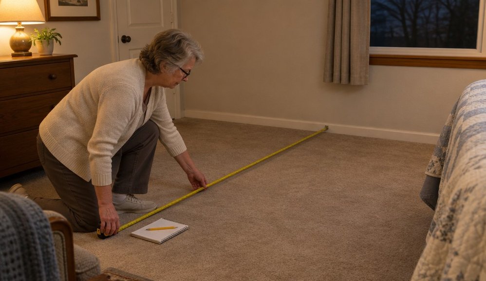 An older woman measuring the floor of a spare room with a tape measure before ordering a walking machine