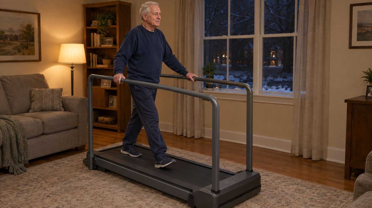 An older man walking slowly on a home walking treadmill in his living room, both hands resting on the long side handrails, dark evening outside