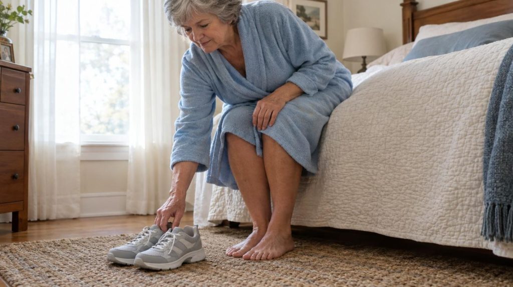 A woman in her sixties sitting on the edge of her bed in the morning, reaching for a pair of walking shoes on the floor