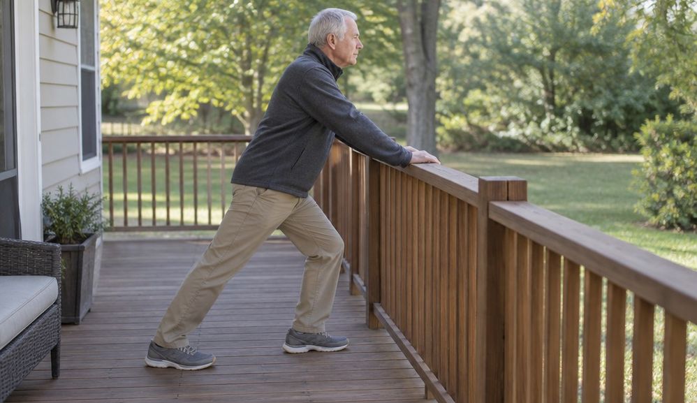 An older man stretching his calf against a porch railing before a walk