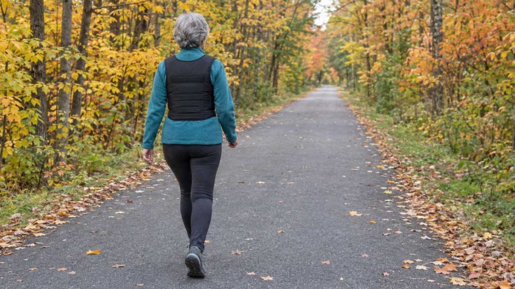 A woman in her sixties seen from behind walking along a flat paved trail through autumn trees, wearing a slim weighted vest over a fleece