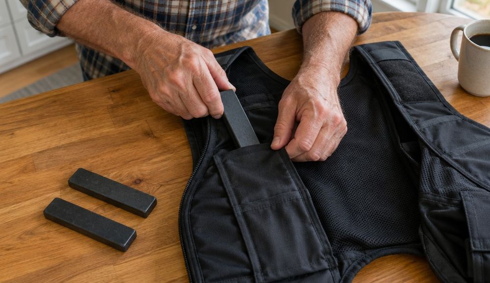 Close view of an older man's hands sliding one small weight bar into a pocket of a weighted vest laid on a kitchen counter