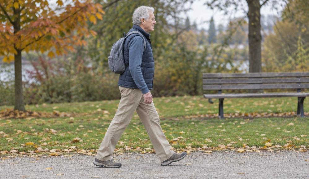 An older man walking on a quiet park path with a small day backpack on both shoulders