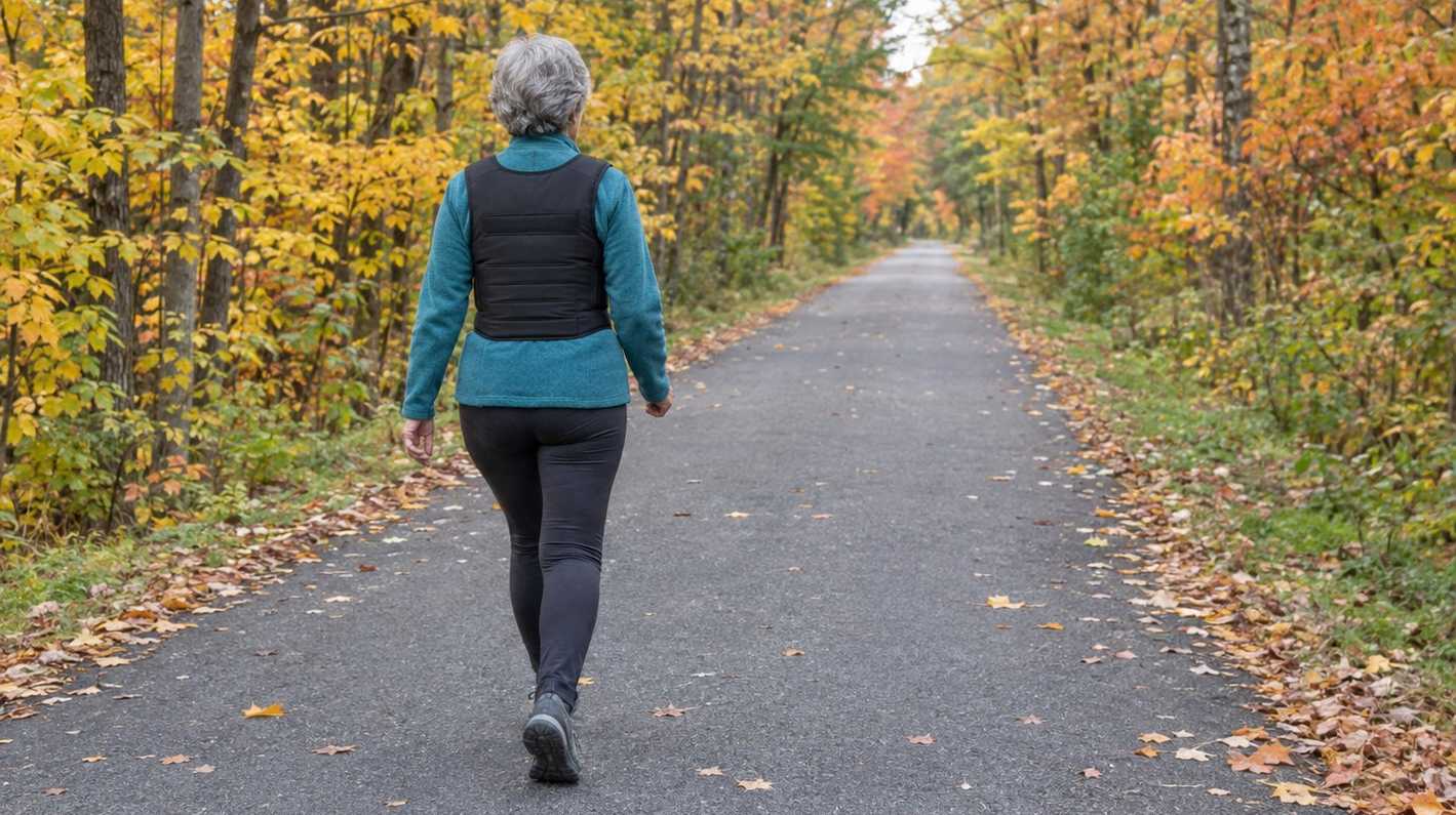 A woman in her sixties seen from behind walking along a flat paved trail through autumn trees, wearing a slim weighted vest over a fleece
